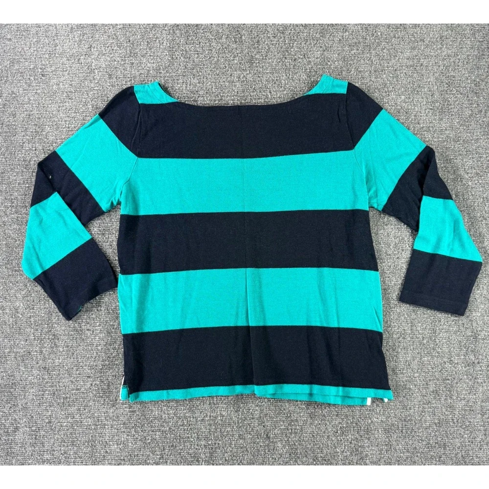 J.Crew Womens Navy Blue Teal Striped Boat Neck 3/4 Sleeve Knit Top‎ Size M